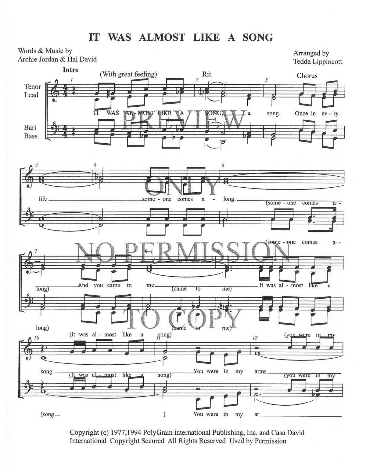 It Was Almost Like A Song — sheet music preview, arranged by Tedda Lippincott