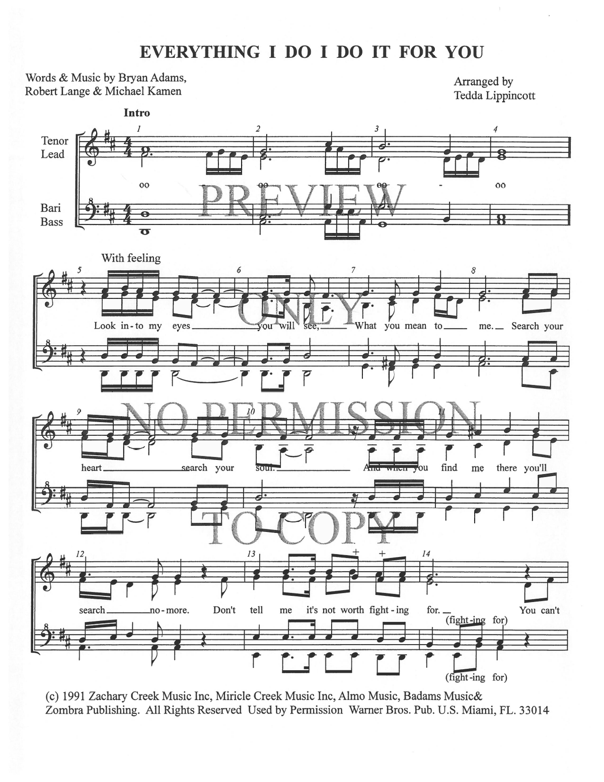 Everything I Do, I Do It For You — sheet music preview, arranged by Tedda Lippincott
