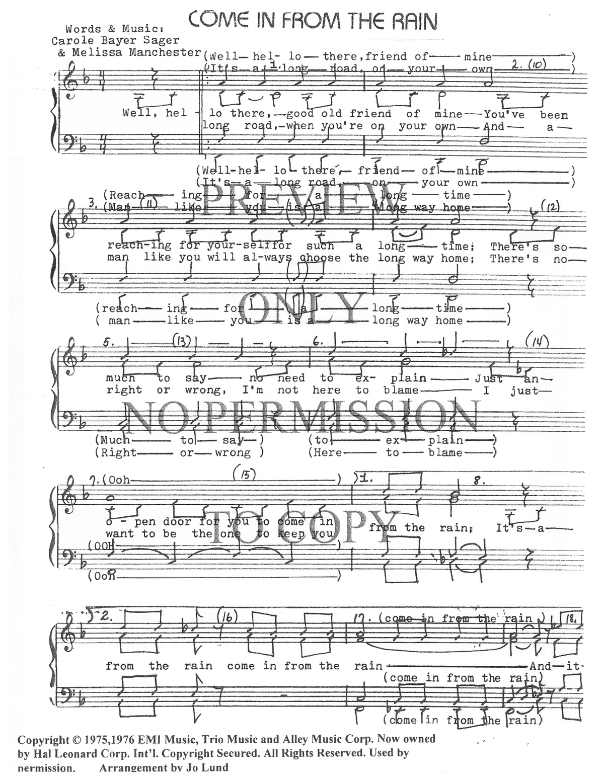 Come In From The Rain — sheet music preview, arranged by Jo Lund