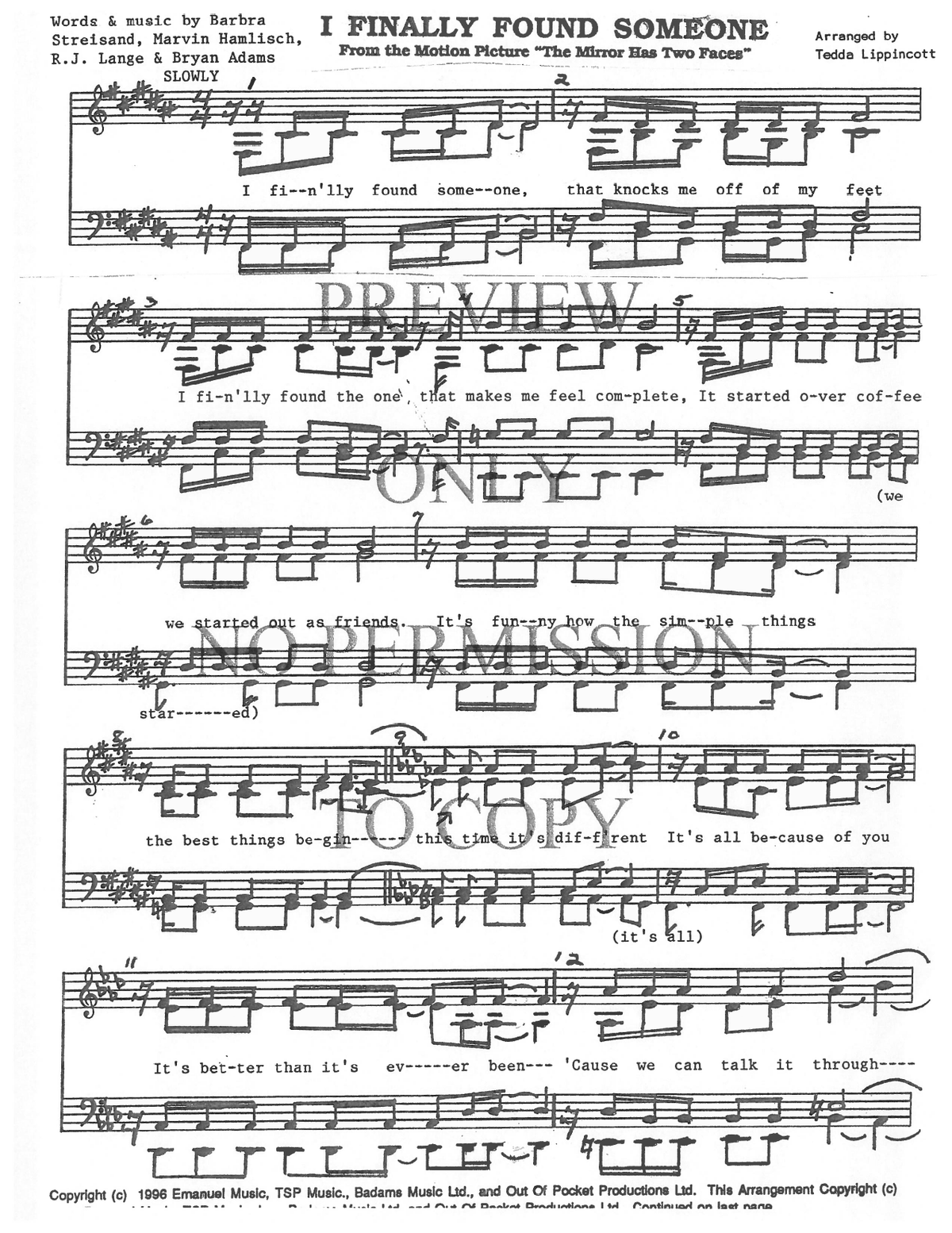 I Finally Found Someone — sheet music preview, arranged by Tedda Lippincott