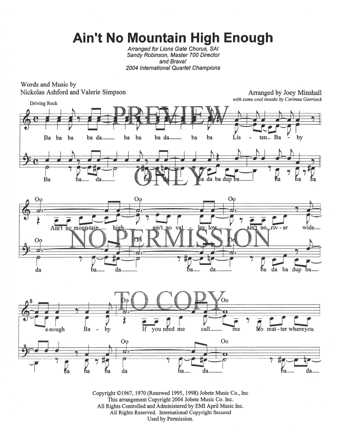 Ain't No Mountain High Enough — sheet music preview, arranged by Joey Minshall
