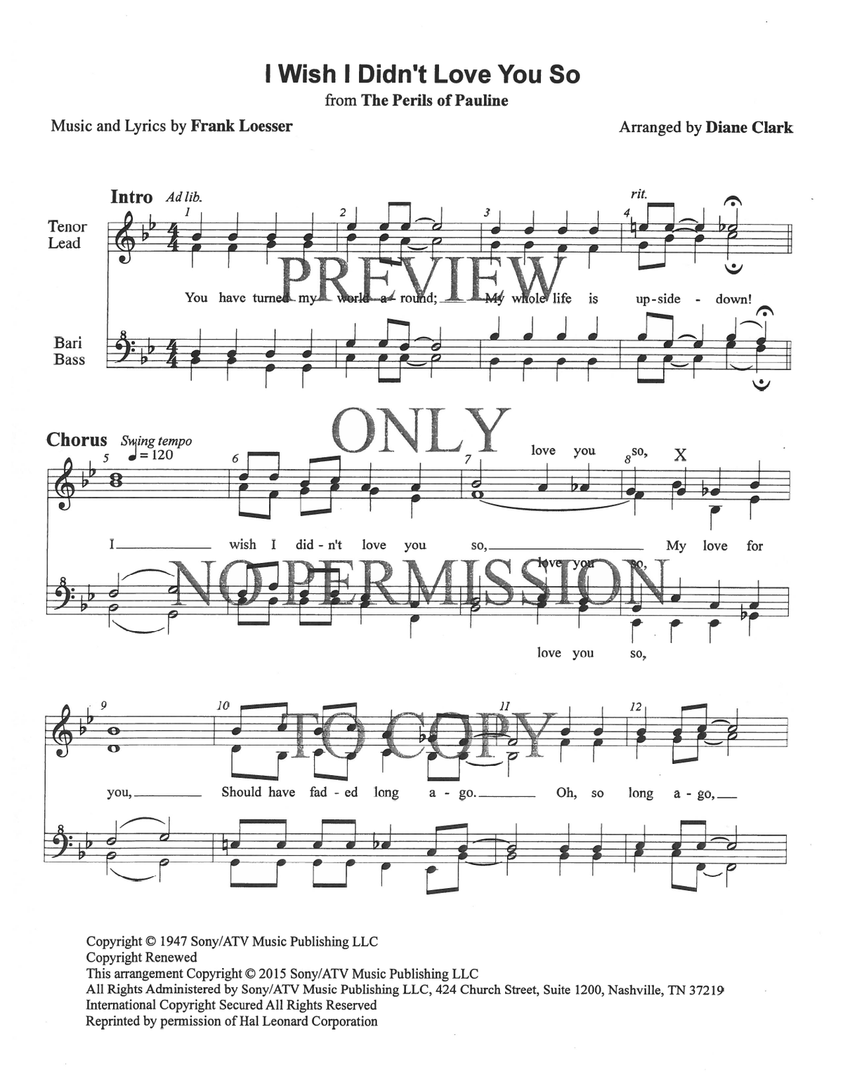 I Wish I Didn't Love You So — sheet music preview, arranged by Diane Clark