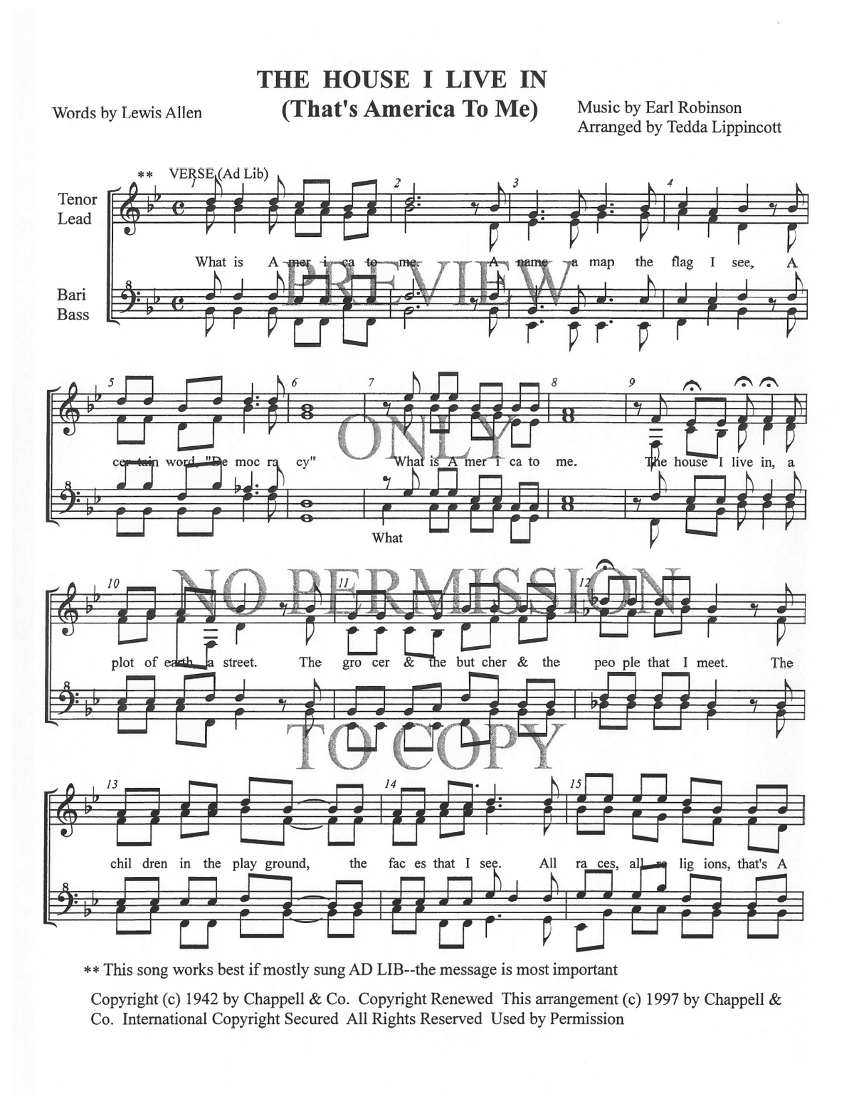 The House I Live In — sheet music preview, arranged by Tedda Lippincott