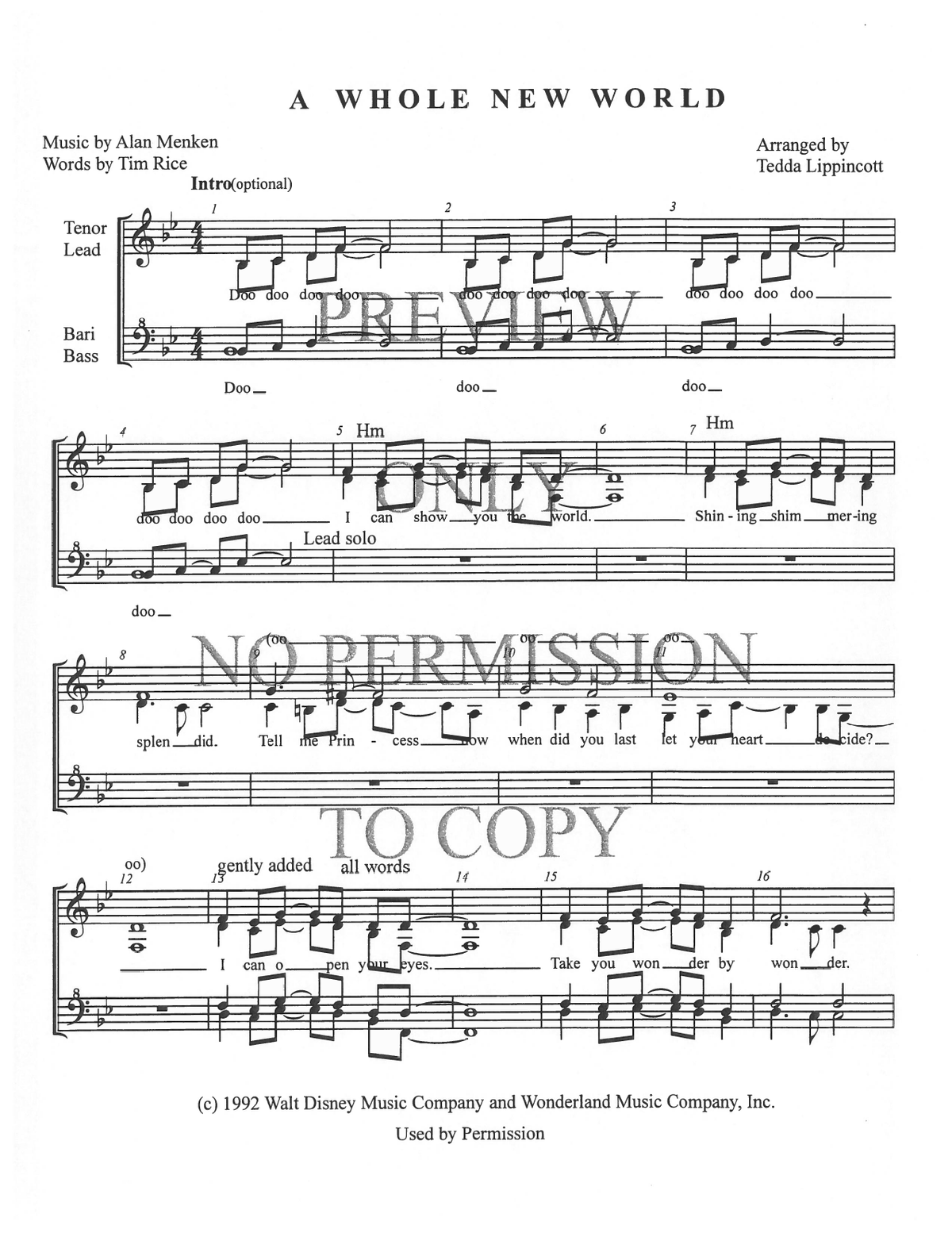 A Whole New World — sheet music preview, arranged by Tedda Lippincott