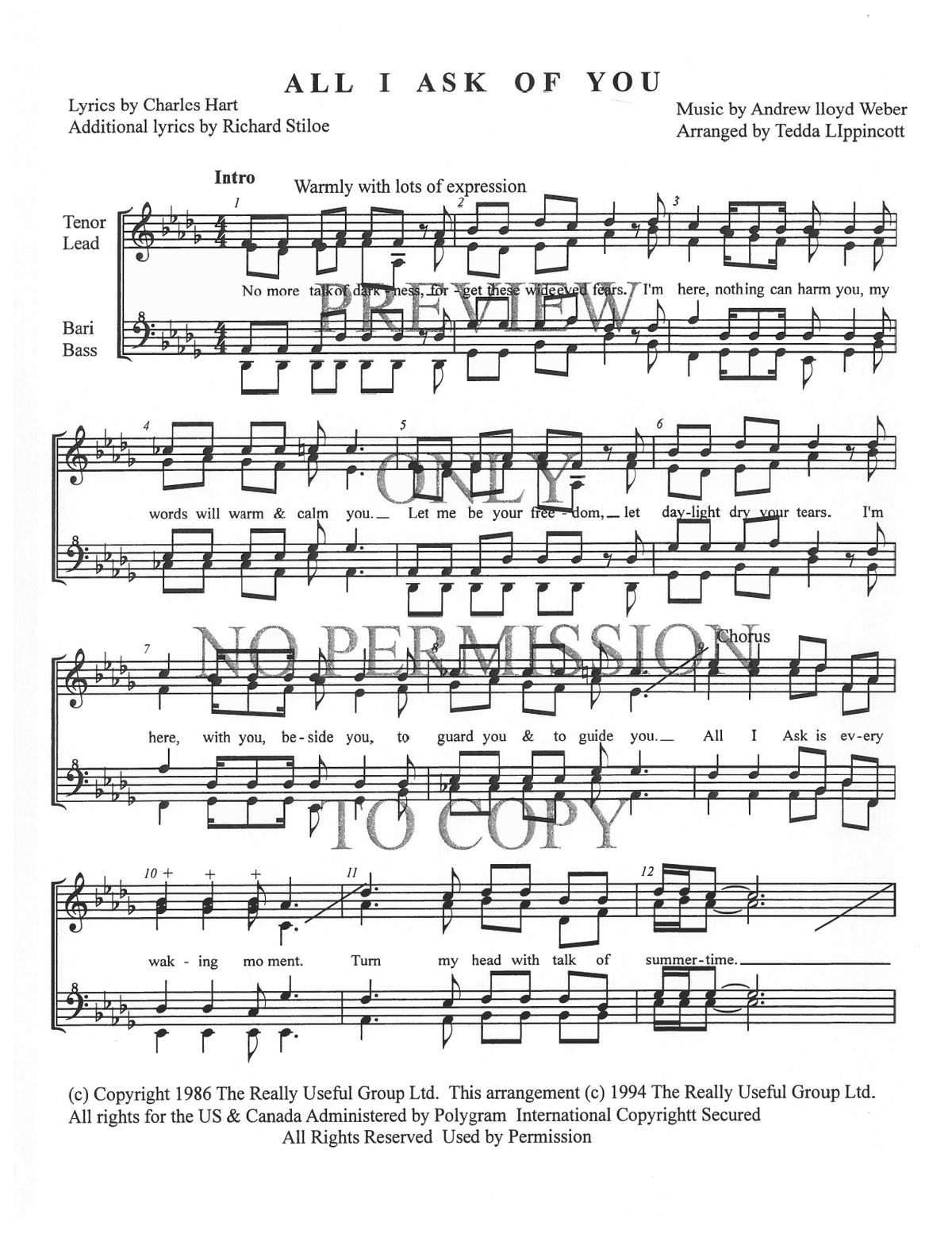 All I Ask Of You — sheet music preview, arranged by Tedda Lippincott