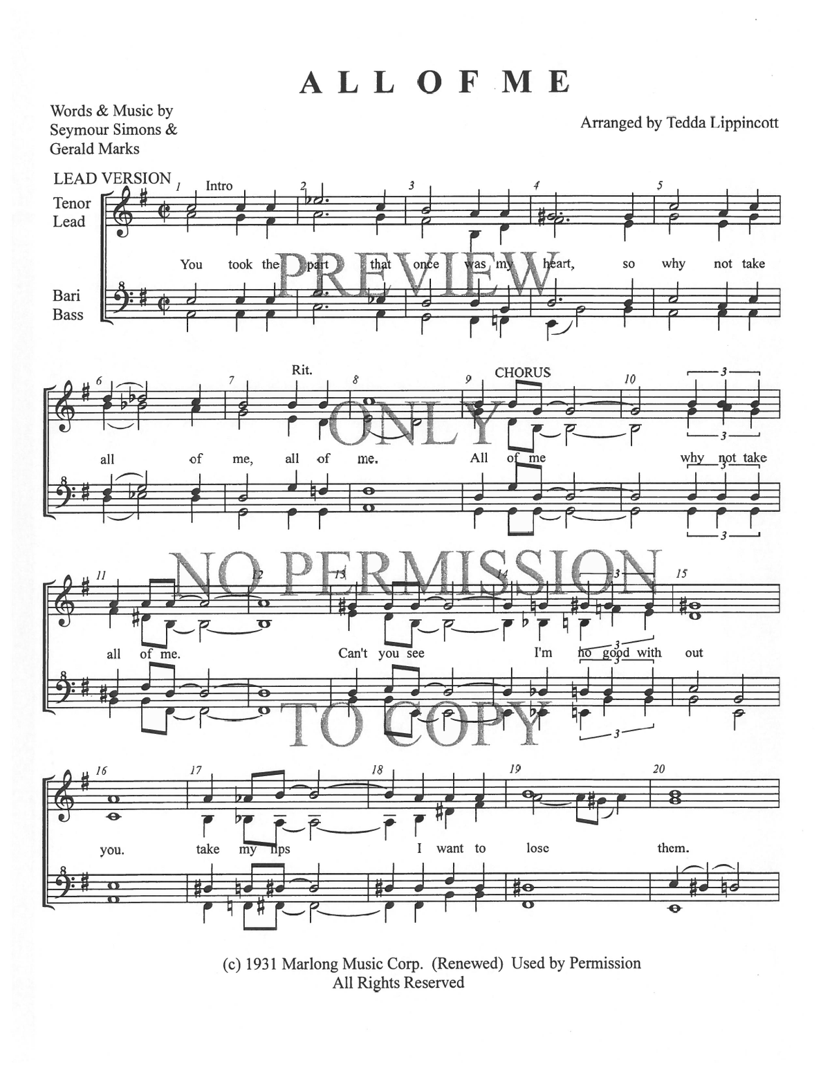 All Of Me (Lead Or Bass Version) — sheet music preview, arranged by Tedda Lippincott
