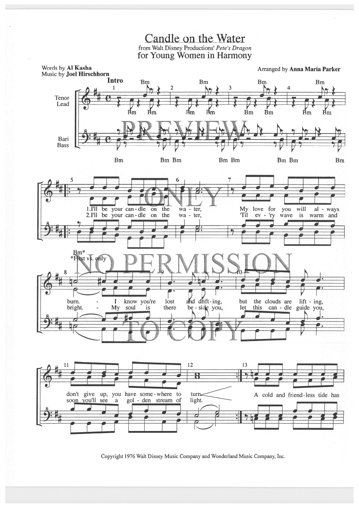 YW - Candle On The Water — sheet music preview, arranged by Anna Maria Parker