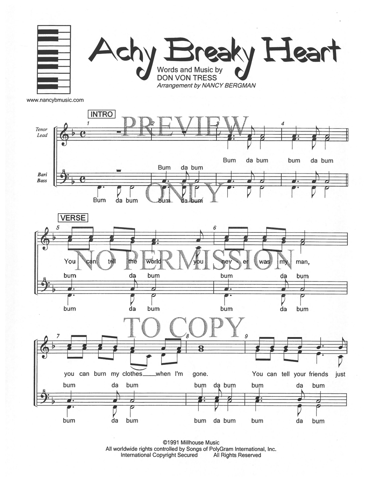 Achy Breaky Heart — sheet music preview, arranged by Nancy Bergman