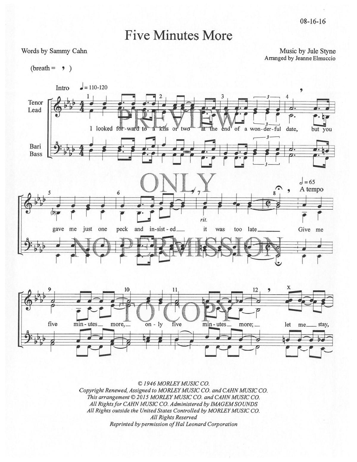 Five Minutes More — sheet music preview, arranged by Jeanne Elmuccio