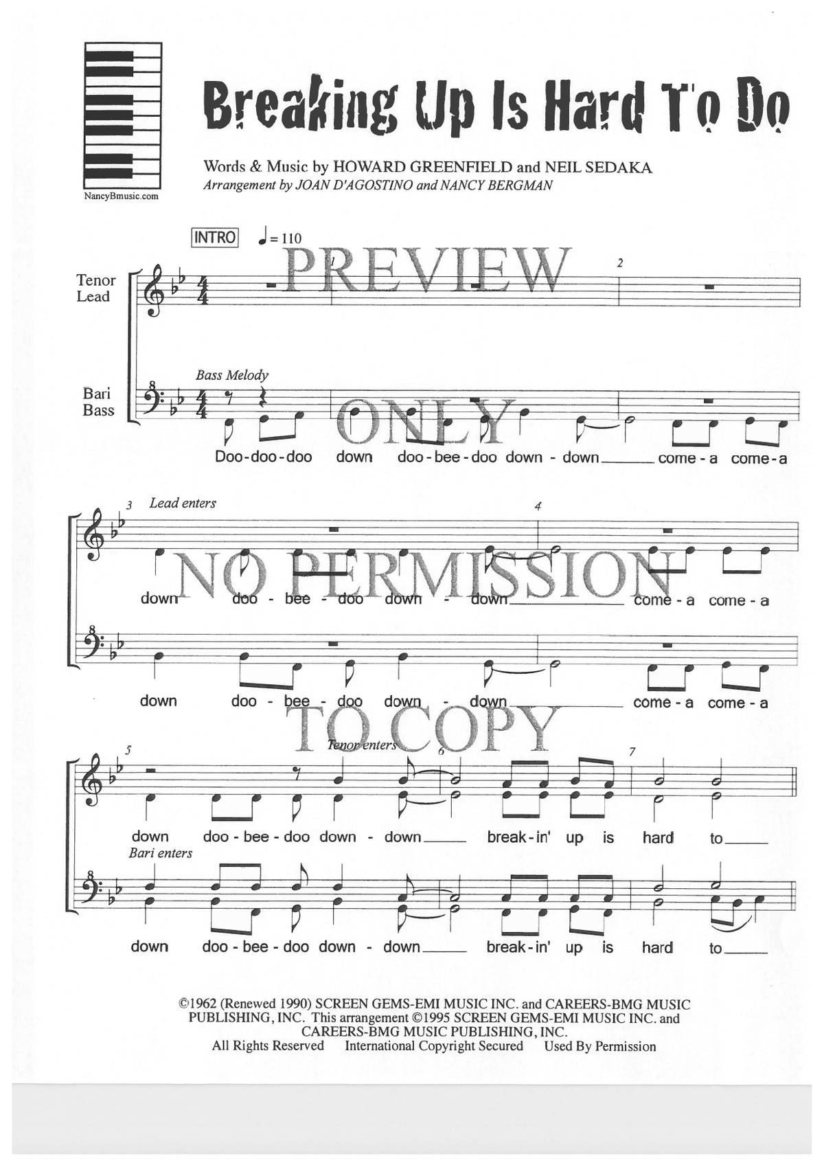Breaking Up Is Hard To Do — sheet music preview, arranged by Nancy Bergman