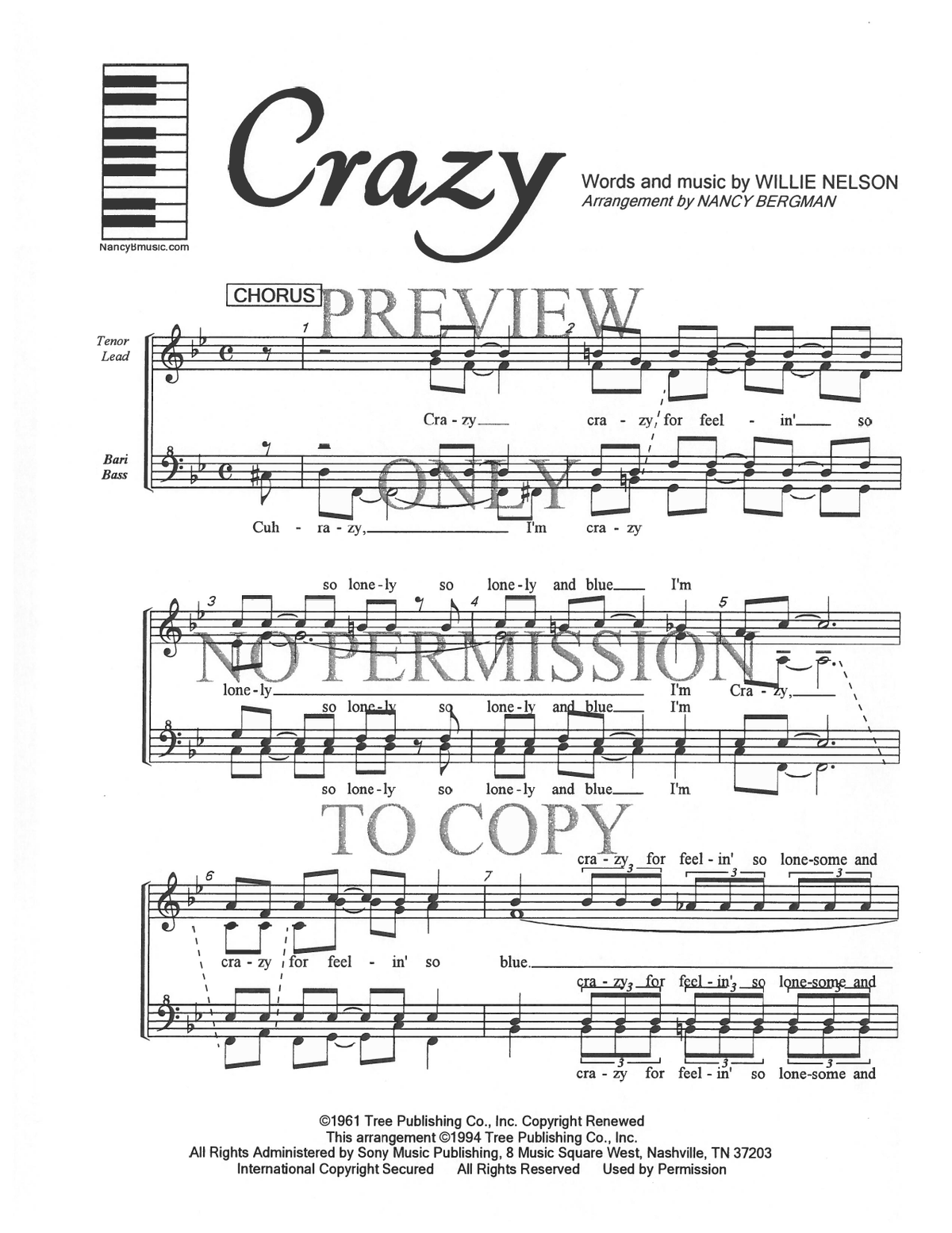 Crazy — sheet music preview, arranged by Nancy Bergman