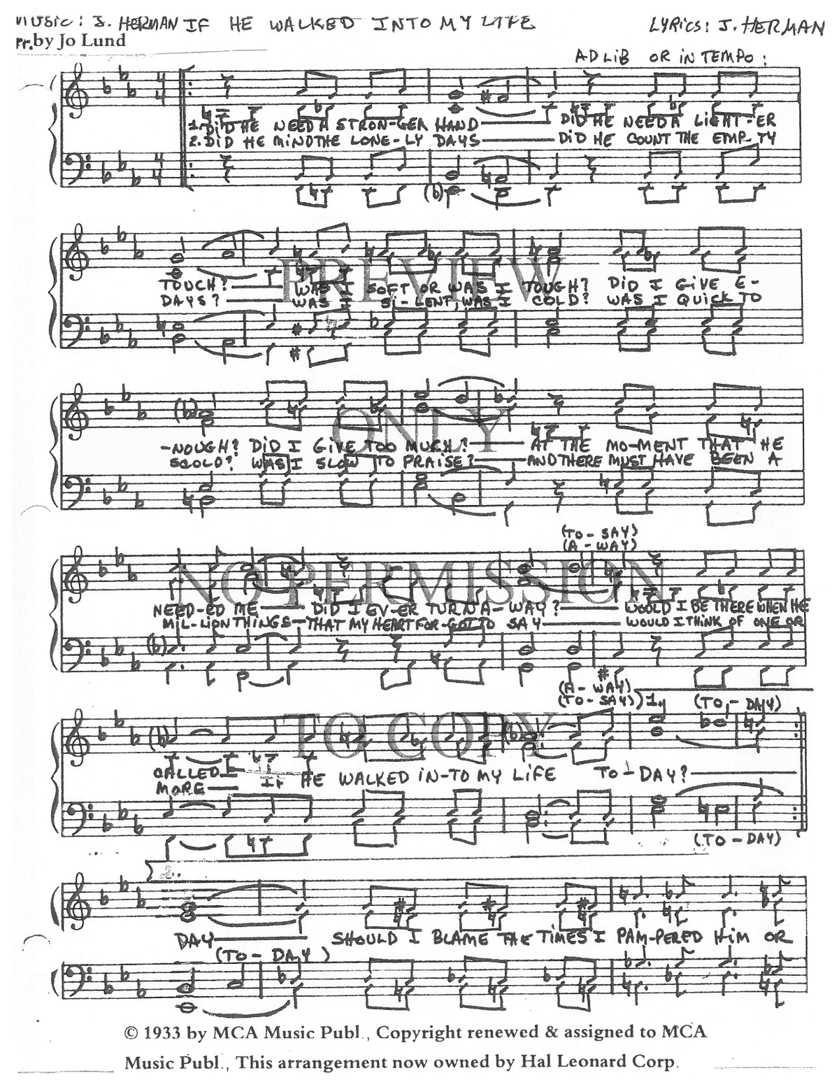 If He Walked Into My Life — sheet music preview, arranged by Jo Lund