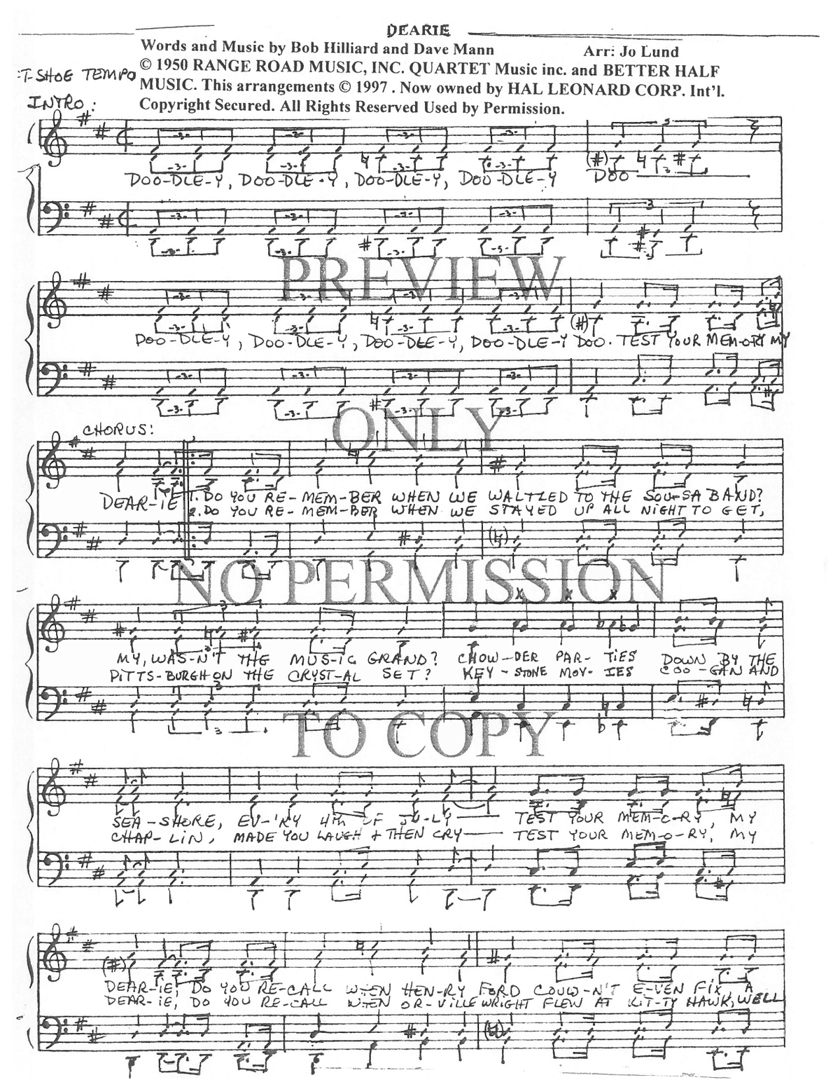 Dearie — sheet music preview, arranged by Jo Lund