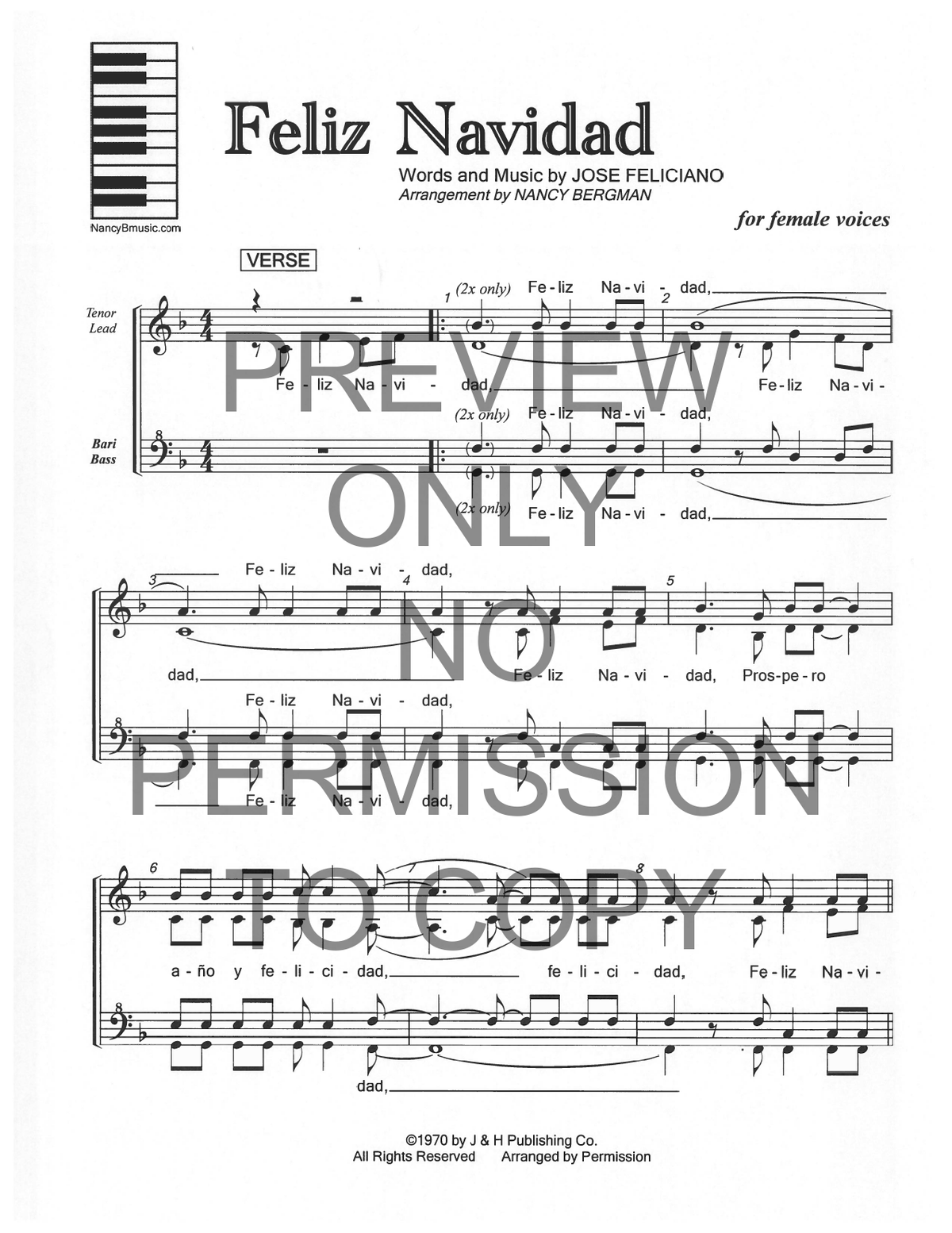 Feliz Navidad — sheet music preview, arranged by Nancy Bergman