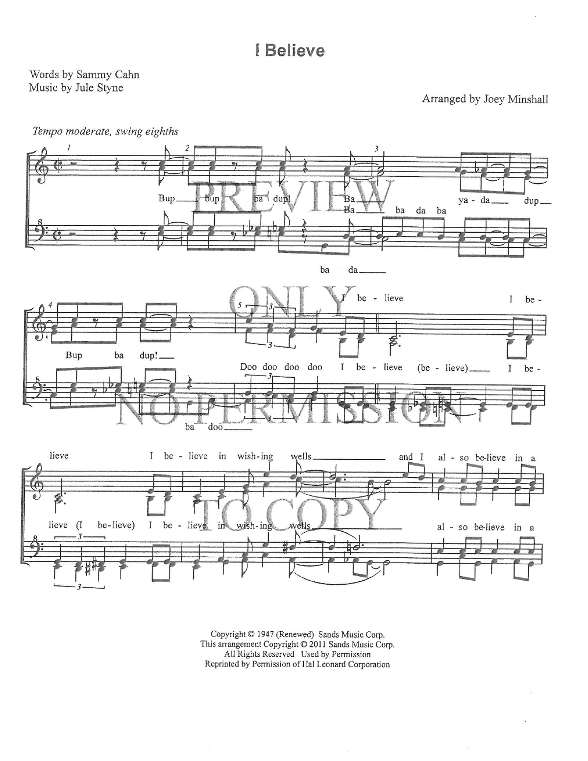 I Believe — sheet music preview, arranged by Joey Minshall