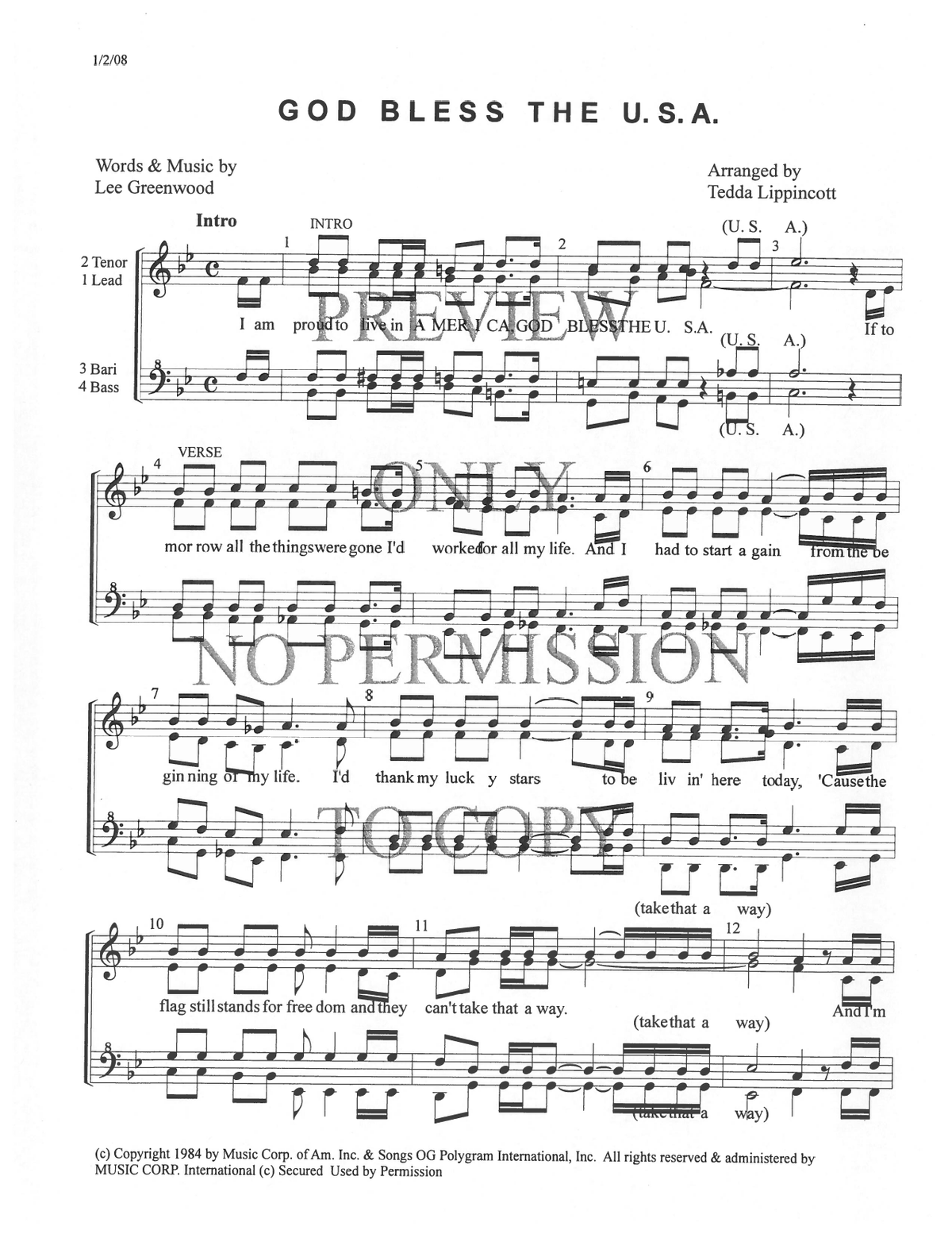 God Bless The U.S.A. — sheet music preview, arranged by Tedda Lippincott
