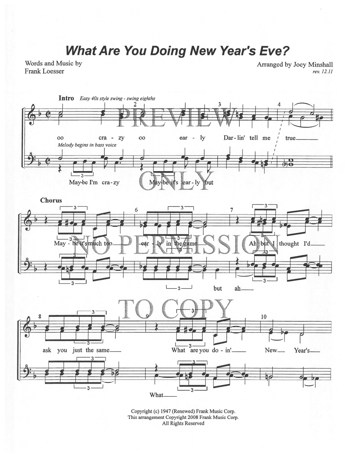 What Are You Doing New Year's Eve? — sheet music preview, arranged by Joey Minshall