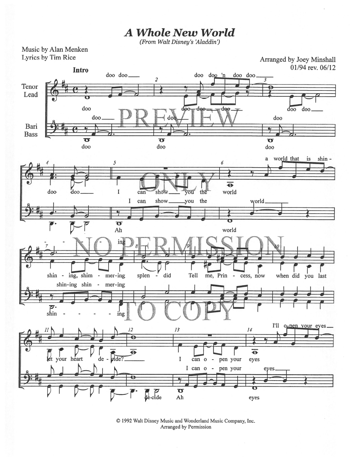 A Whole New World — sheet music preview, arranged by Joey Minshall