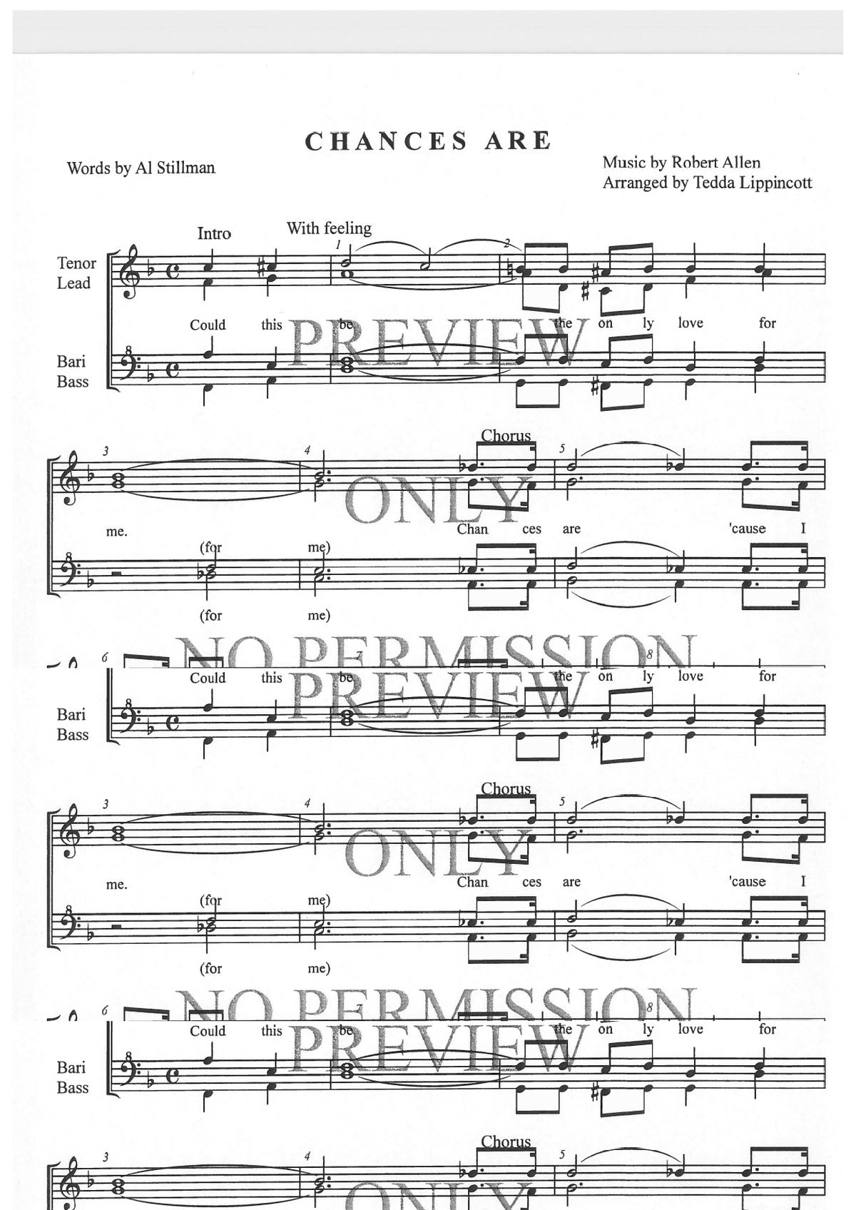Chances Are — sheet music preview, arranged by Tedda Lippincott