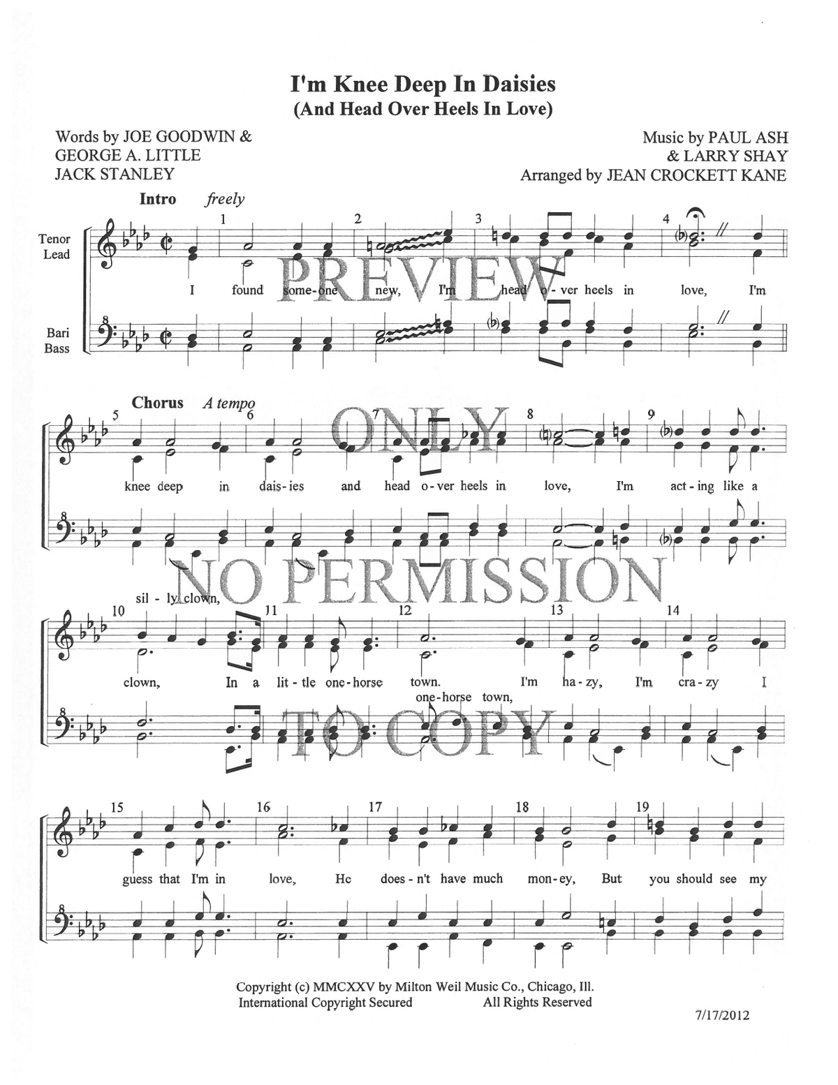 I'm Knee-Deep In Daisies — sheet music preview, arranged by Jean Kane