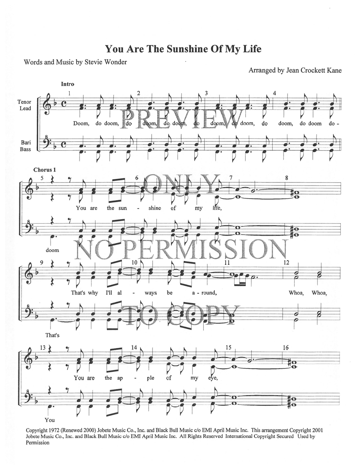 You Are The Sunshine Of My Life — sheet music preview, arranged by Jean Kane