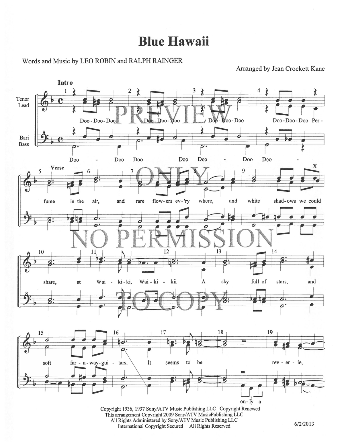 Blue Hawaii — sheet music preview, arranged by Jean Kane