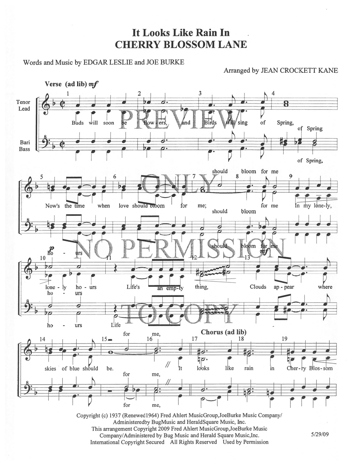 It Looks Like Rain In Cherry Blossom Lane — sheet music preview, arranged by Jean Kane