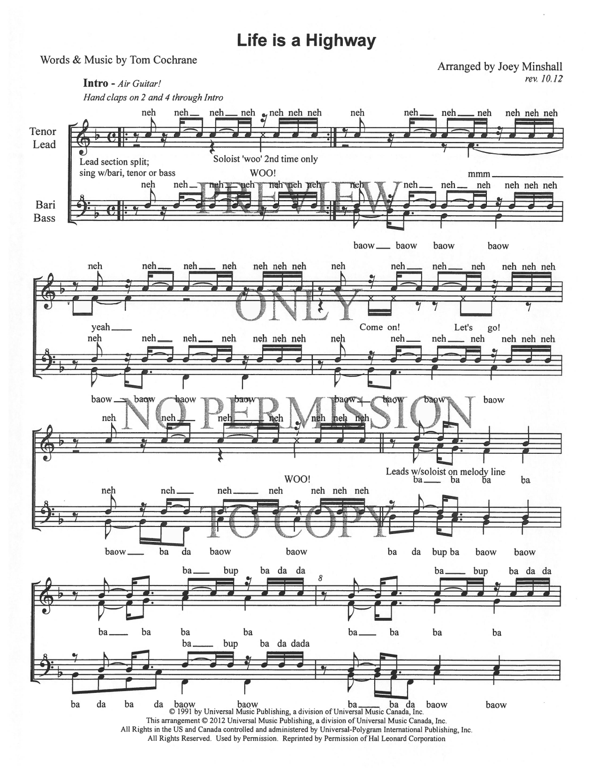 Life Is A Highway — sheet music preview, arranged by Joey Minshall