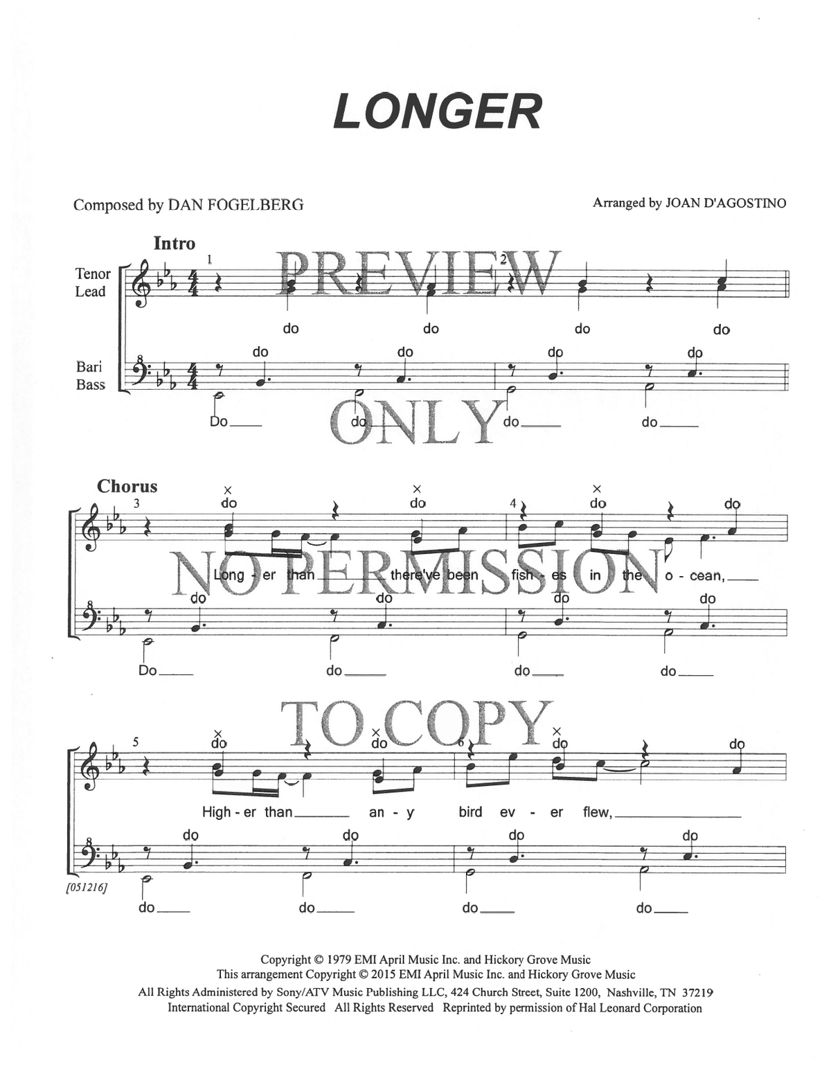 Longer — sheet music preview, arranged by Joan D 'Agostino