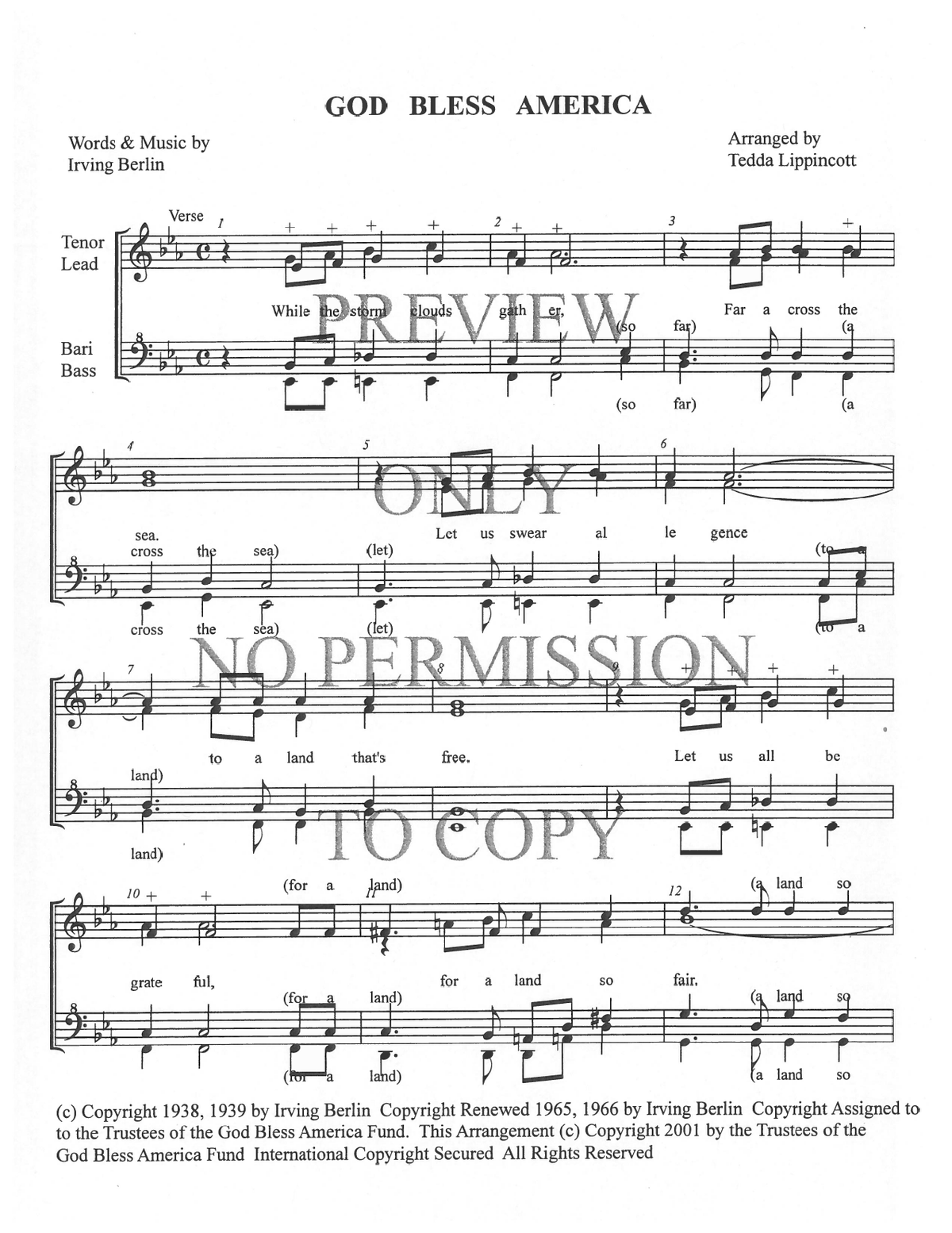 God Bless America — sheet music preview, arranged by Tedda Lippincott