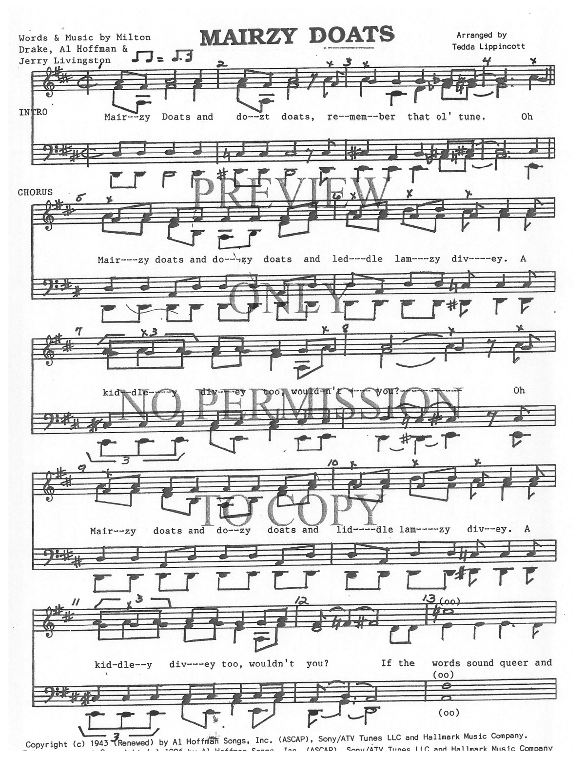 Mairzy Doats — sheet music preview, arranged by Tedda Lippincott