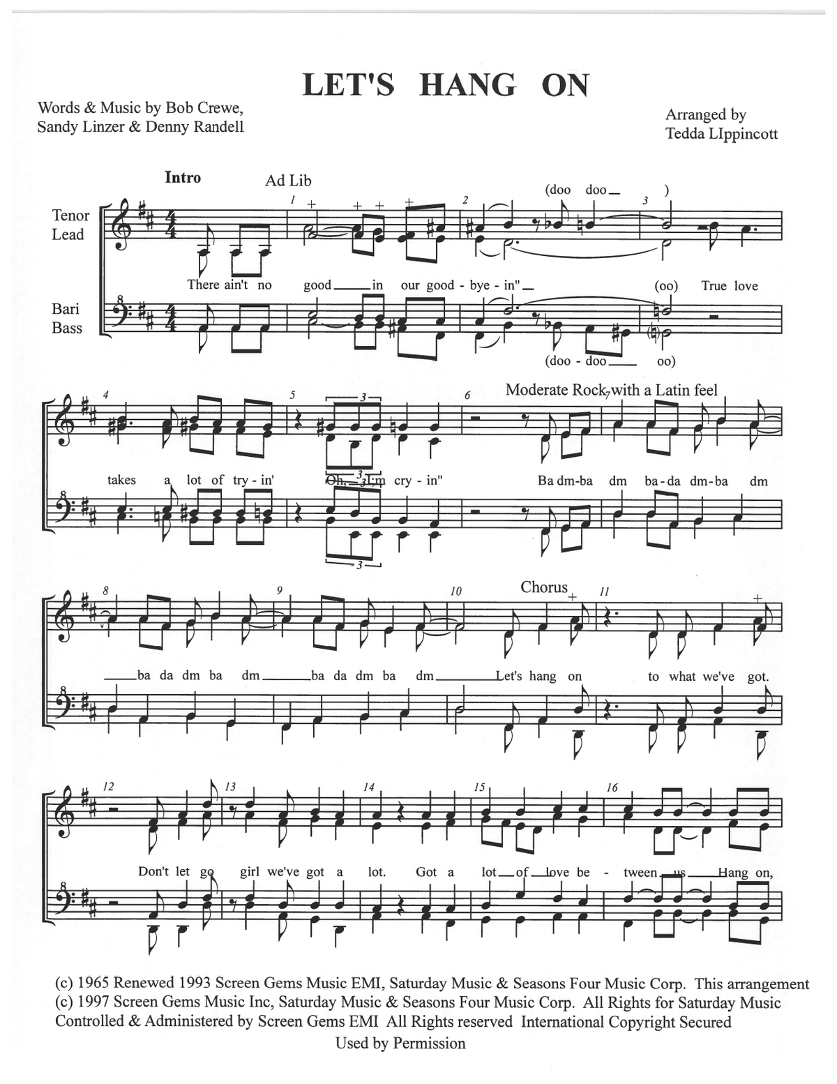 Let's Hang On — sheet music preview, arranged by Tedda Lippincott