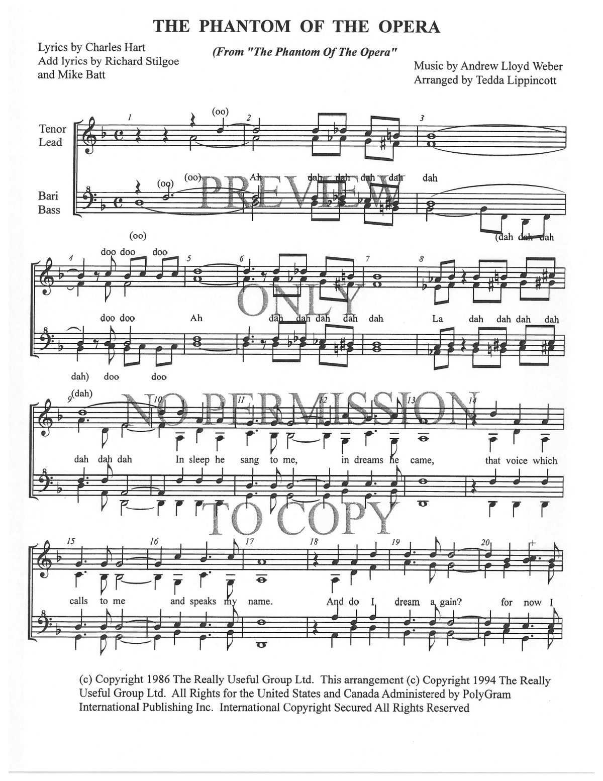 The Phantom Of The Opera — sheet music preview, arranged by Tedda Lippincott