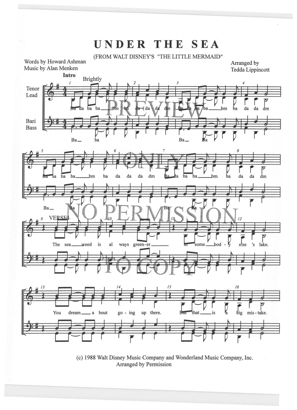 Under The Sea — sheet music preview, arranged by Tedda Lippincott
