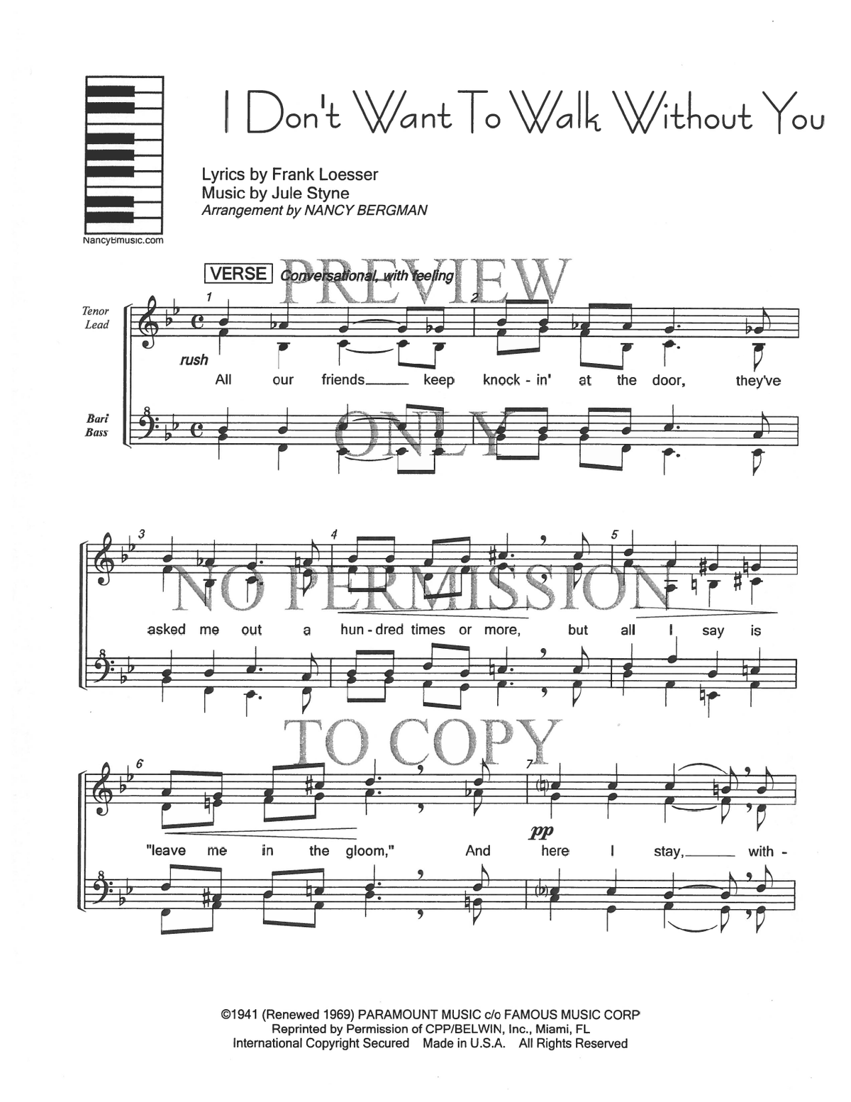 I Don't Want To Walk Without You — sheet music preview, arranged by Nancy Bergman