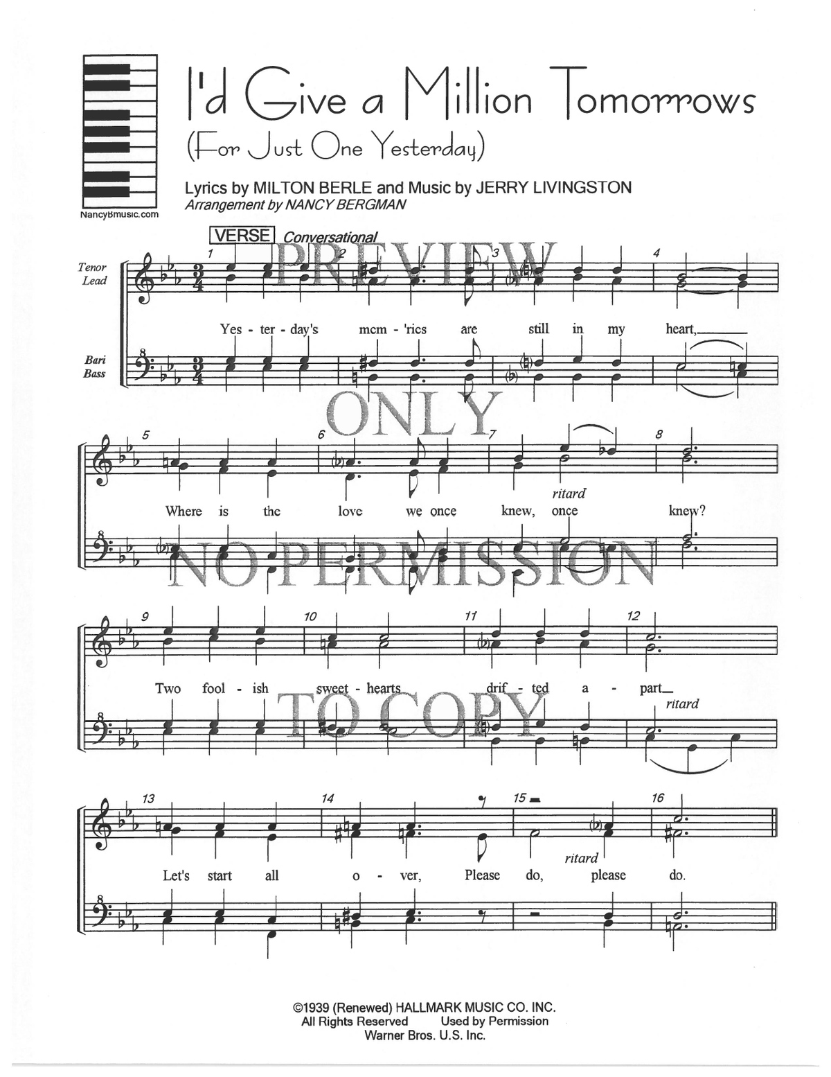 I'd Give A Million Tomorrows — sheet music preview, arranged by Nancy Bergman