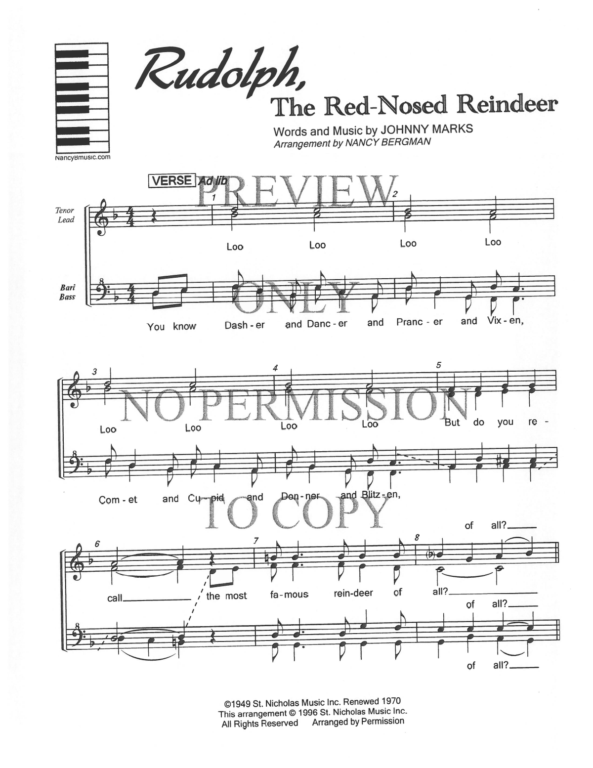 Rudolph The Red Nosed Reindeer — sheet music preview, arranged by Nancy Bergman