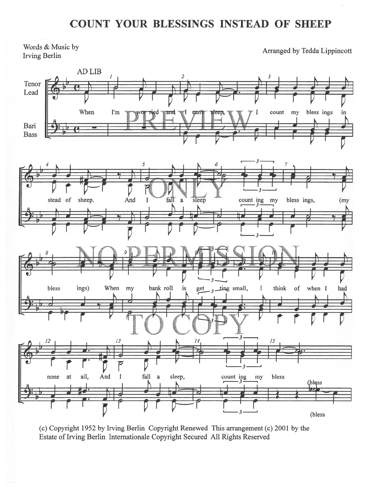 Count Your Blessings Instead Of Sheep — sheet music preview, arranged by Tedda Lippincott