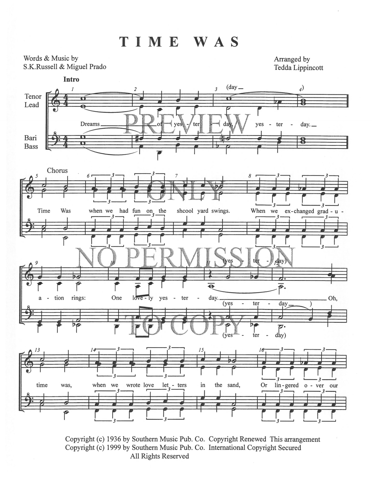 Time Was — sheet music preview, arranged by Tedda Lippincott