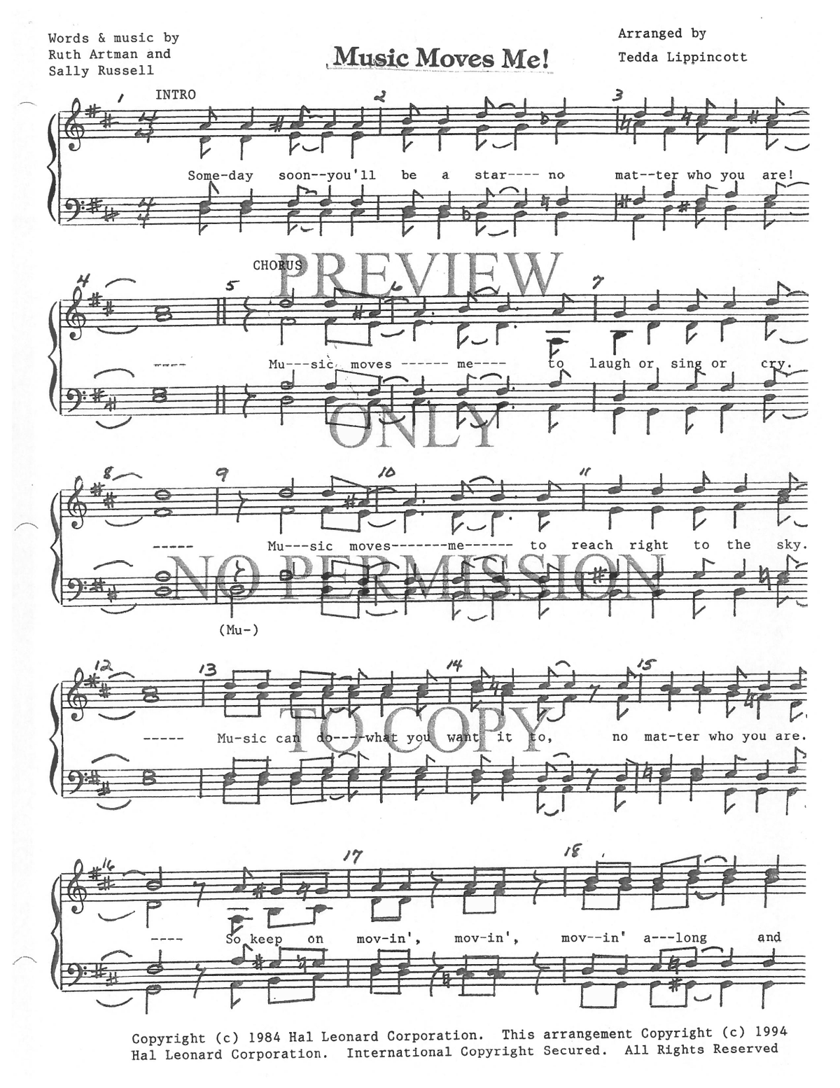 Music Moves Me — sheet music preview, arranged by Tedda Lippincott