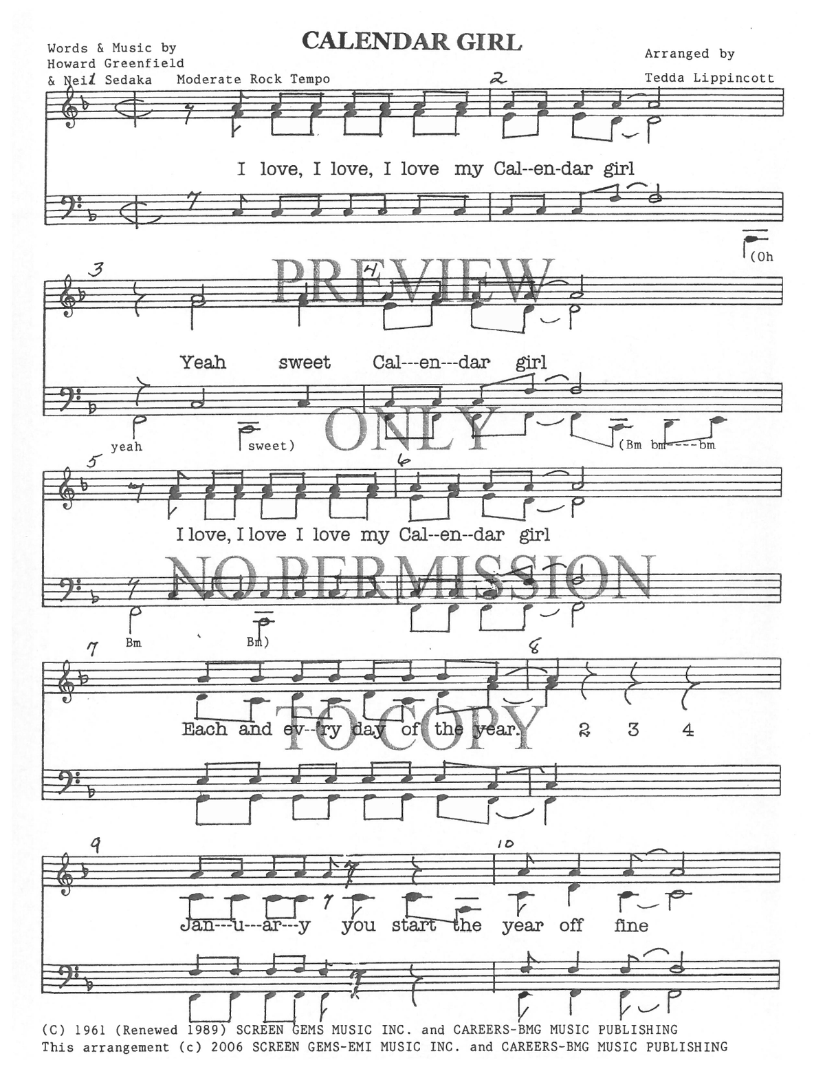 Calendar Girl — sheet music preview, arranged by Tedda Lippincott