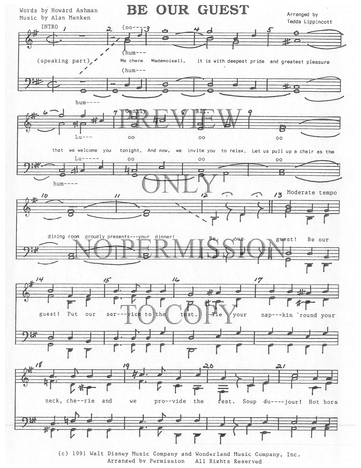 Be Our Guest — sheet music preview, arranged by Tedda Lippincott