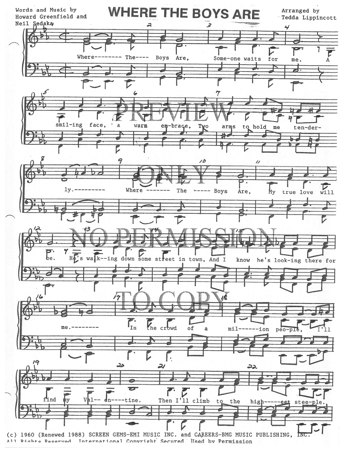 Where The Boys Are — sheet music preview, arranged by Tedda Lippincott