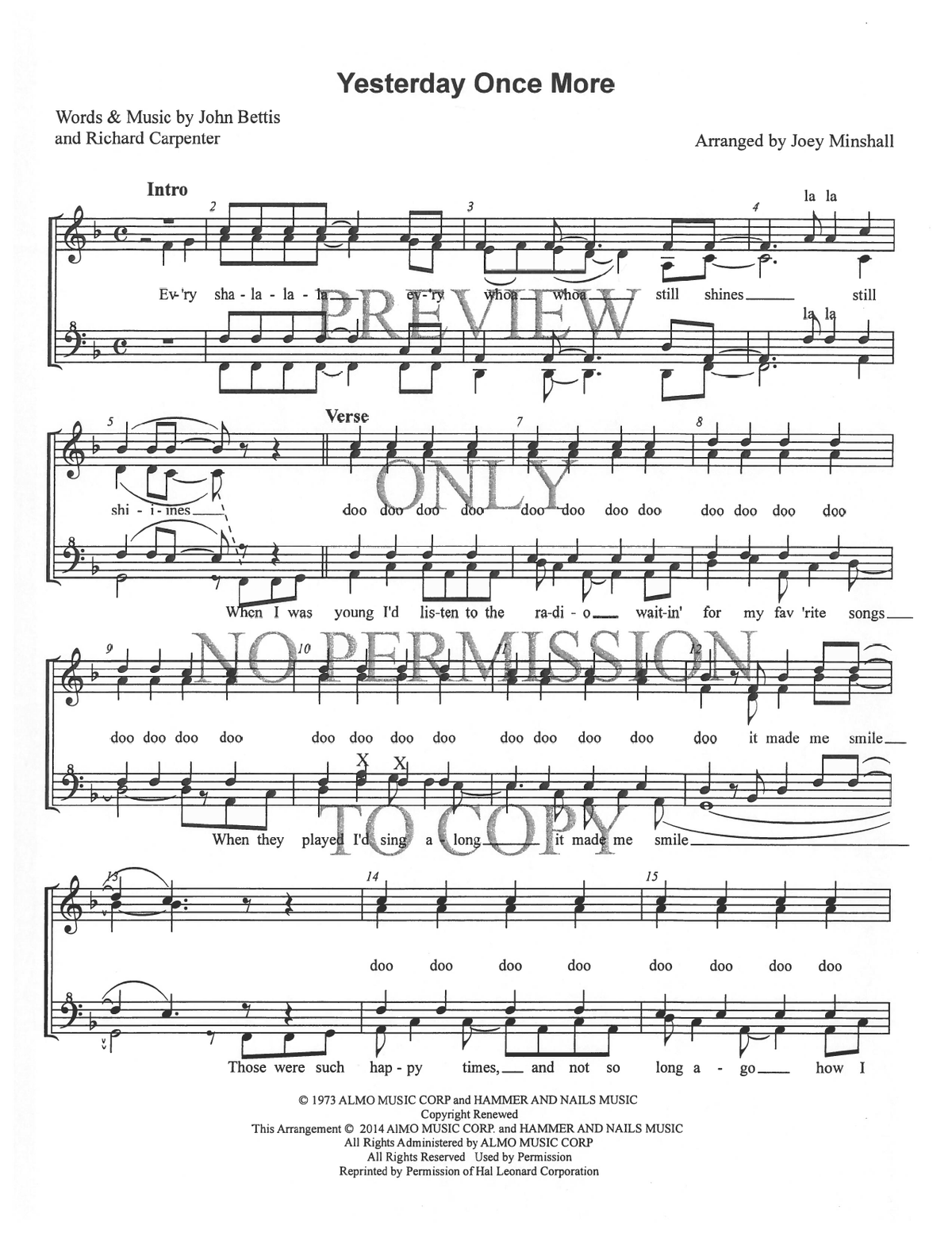 Yesterday Once More — sheet music preview, arranged by Joey Minshall