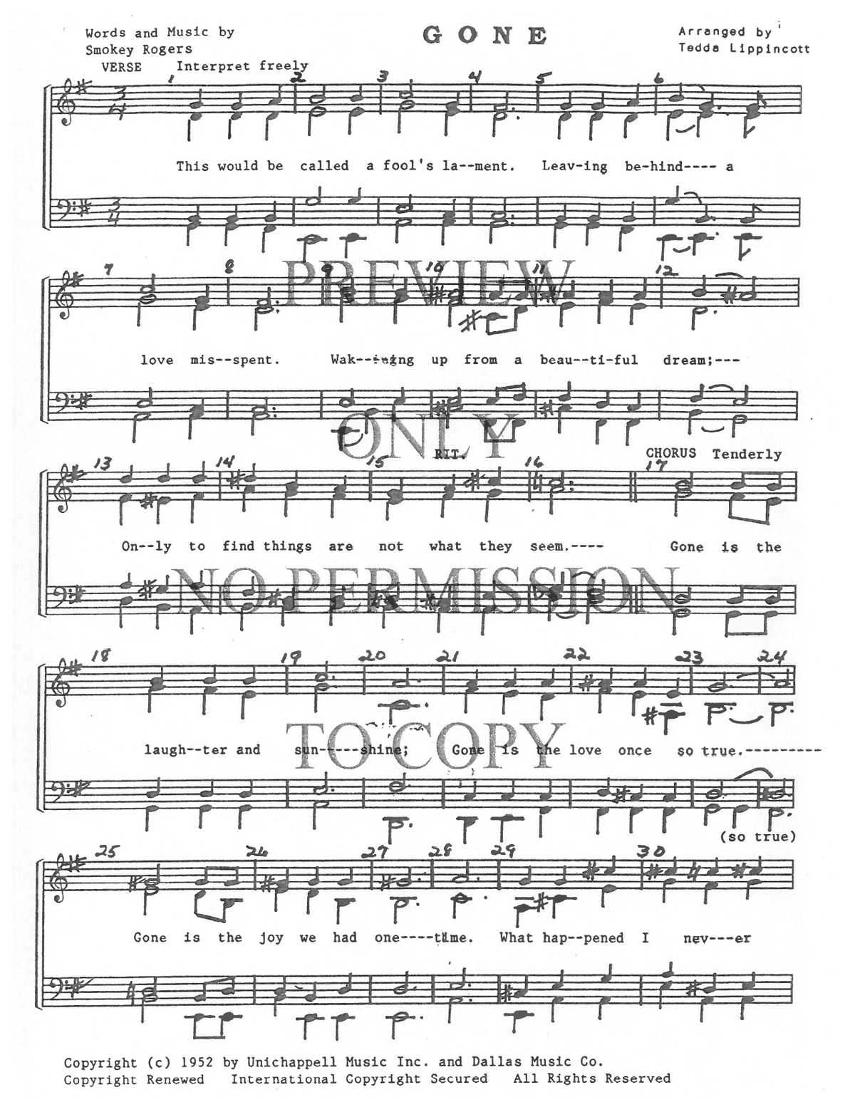 Gone — sheet music preview, arranged by Tedda Lippincott