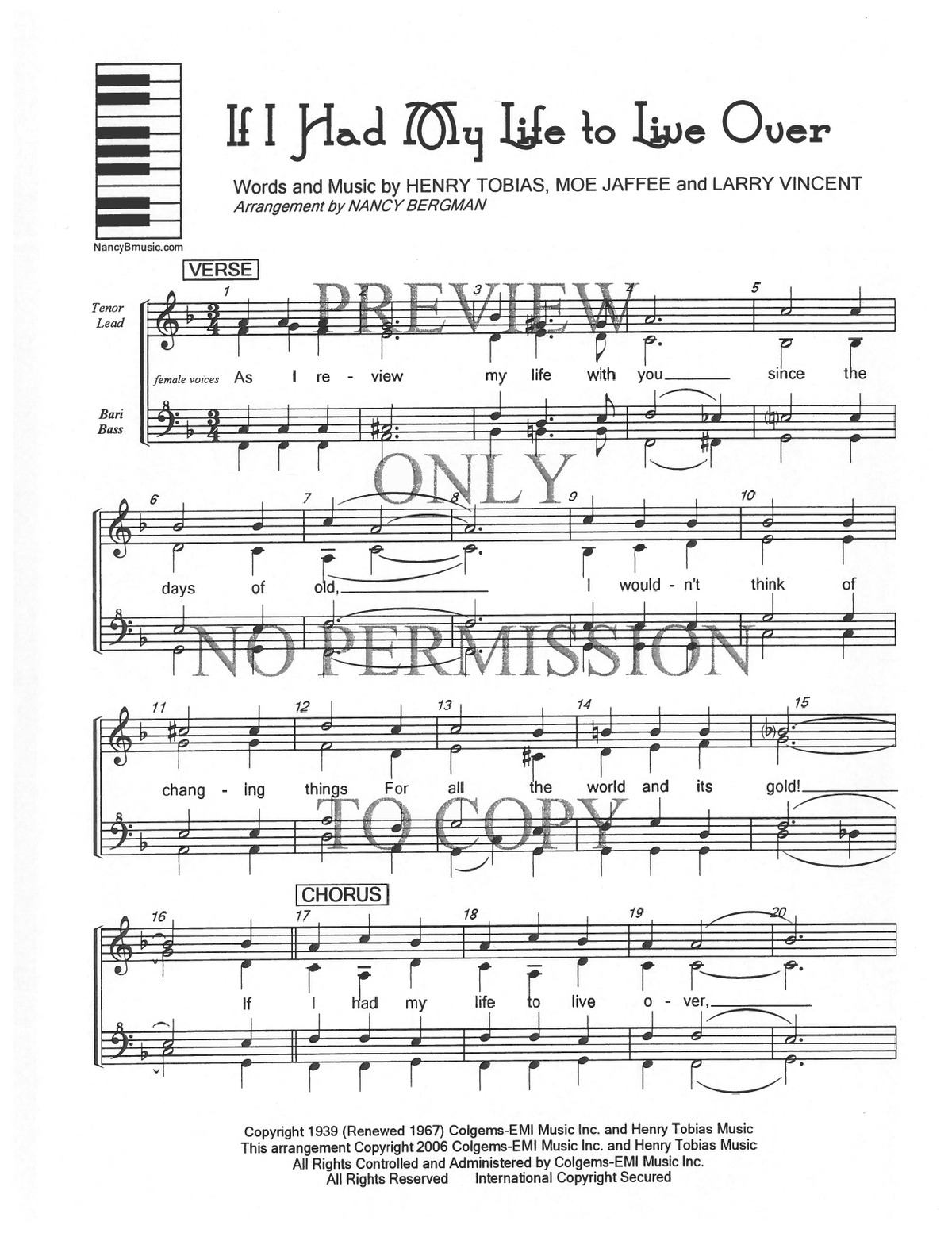 If I Had My Life To Live Over — sheet music preview, arranged by Nancy Bergman