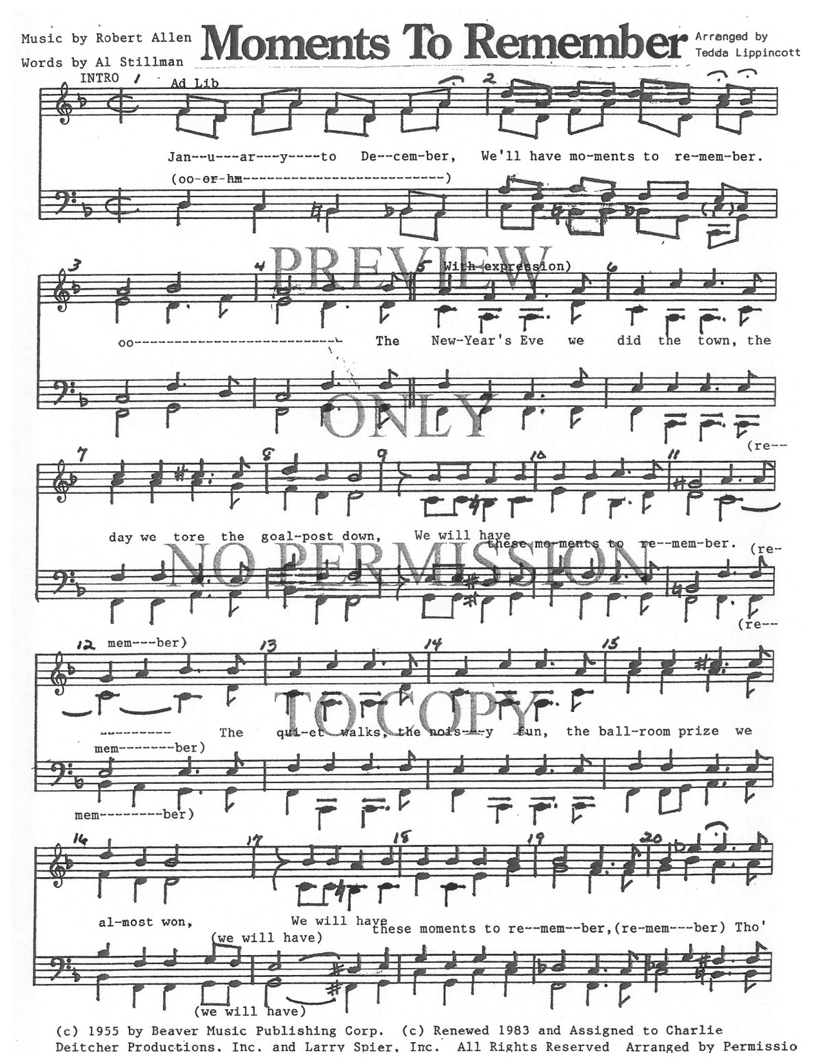 Moments To Remember — sheet music preview, arranged by Tedda Lippincott