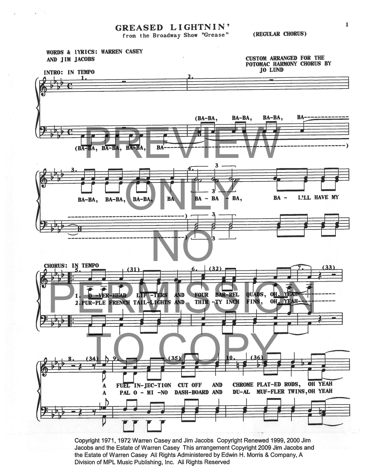 Greased Lightnin' — sheet music preview, arranged by Jo Lund