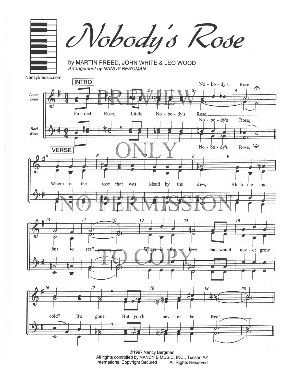 Nobody's Rose — sheet music preview, arranged by Nancy Bergman
