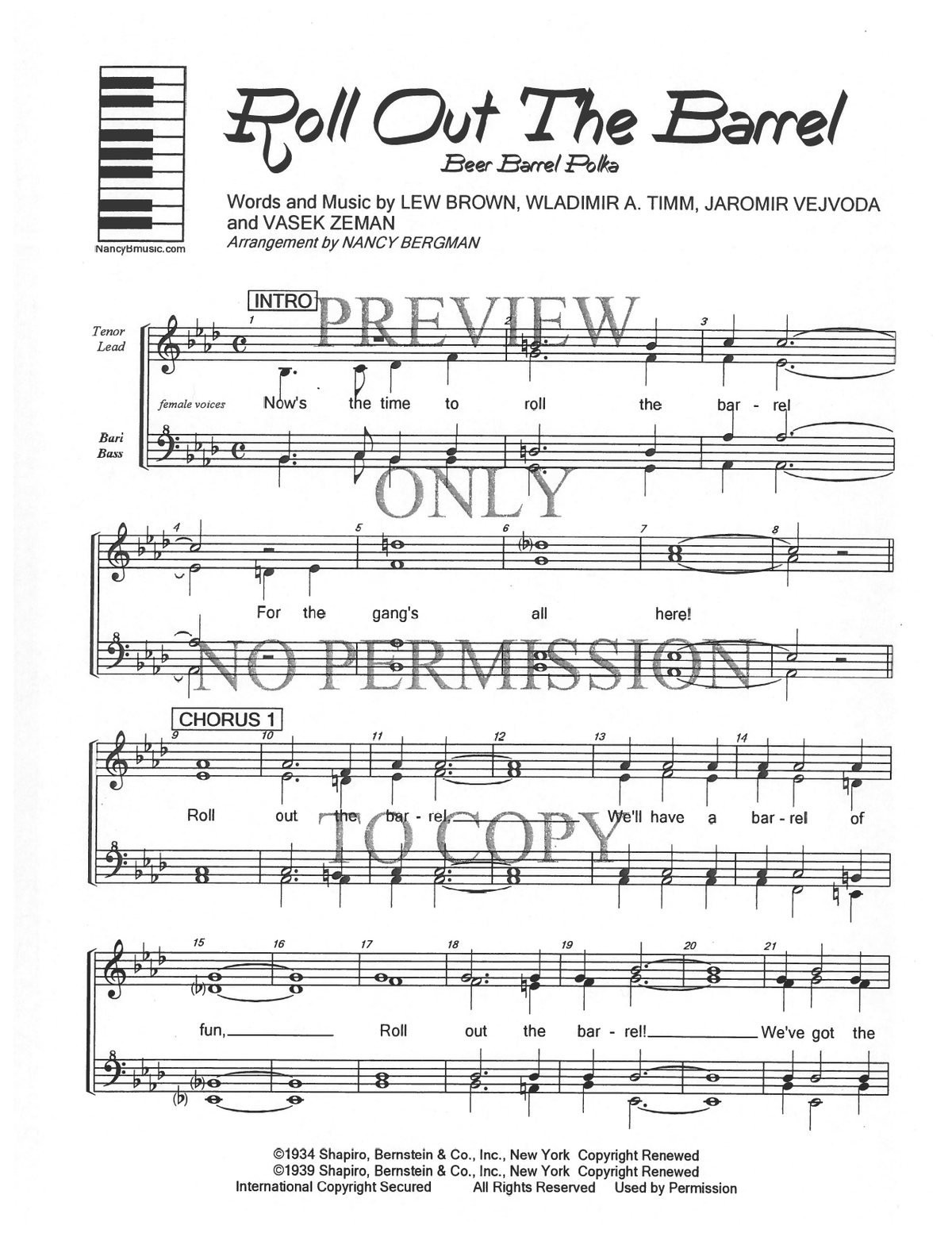 Beer Barrel Polka (Roll Out The Barrel) — sheet music preview, arranged by Nancy Bergman